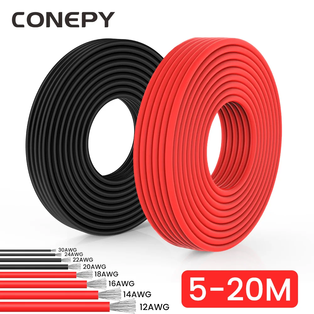 CONEPY Super Soft Silicone Cable Red Black 12 14 14 16 18 20 22 24 24 30 AWG Heat Resistant Electrical Wire For Car Battery