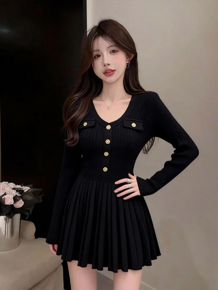 

Вязаный базовый слой в стиле ретро Dr для женщин для похудения Hepburn Sle плиссированный Bla Dr осень-зима длинный све с высокой талией V-Ne