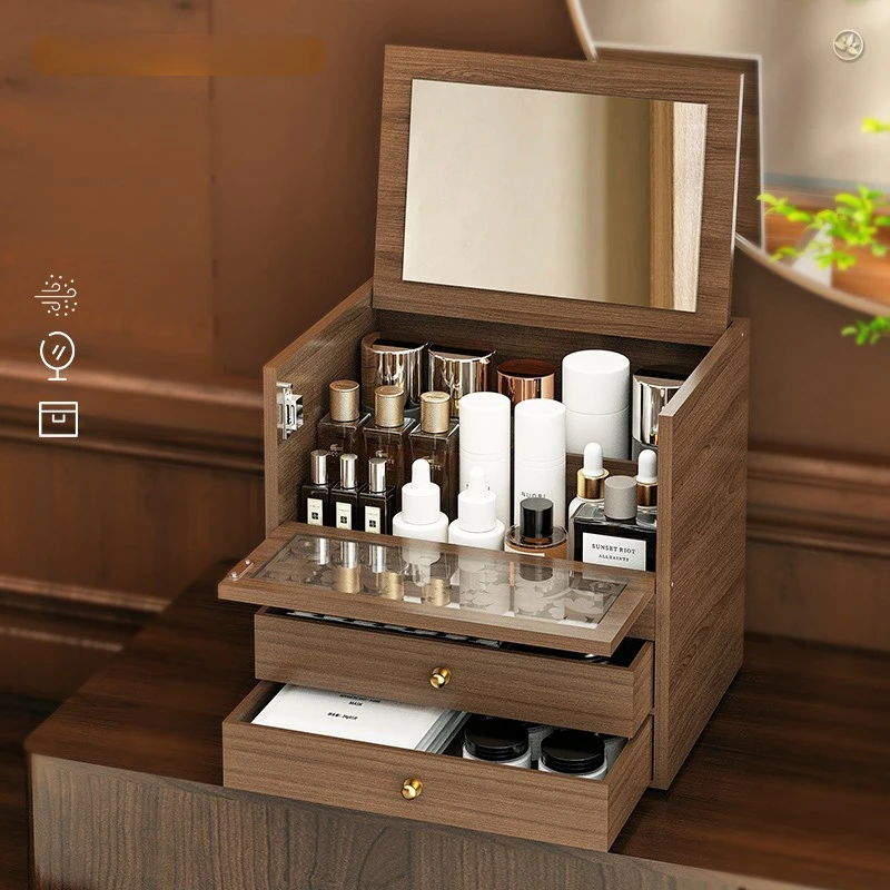 Dust-Proof Organizer with Mirror Makeup Storage System Modular Skincare Trays for Countertop/Bathroom Capacity Cosmetic Case