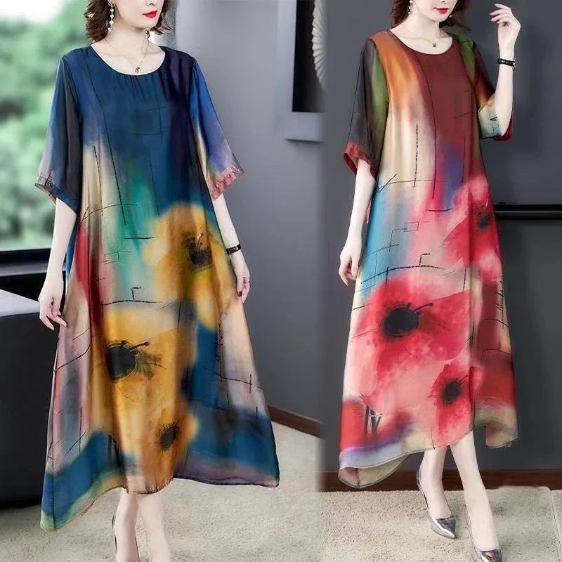 Summer 2023 Korean New Round Neck 3D Effects Paintings Printed Loose and Comfortable A-line Womens Casual Middle Length Dresses