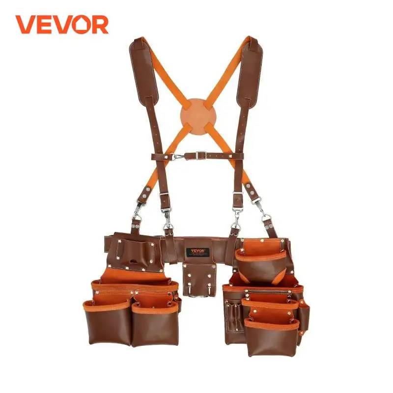 VEVOR 19 Pockets Tool Belt with Suspenders 29-54in Adjustable Leather Tool Waist Pouch for Carpenters Electricians Gardening