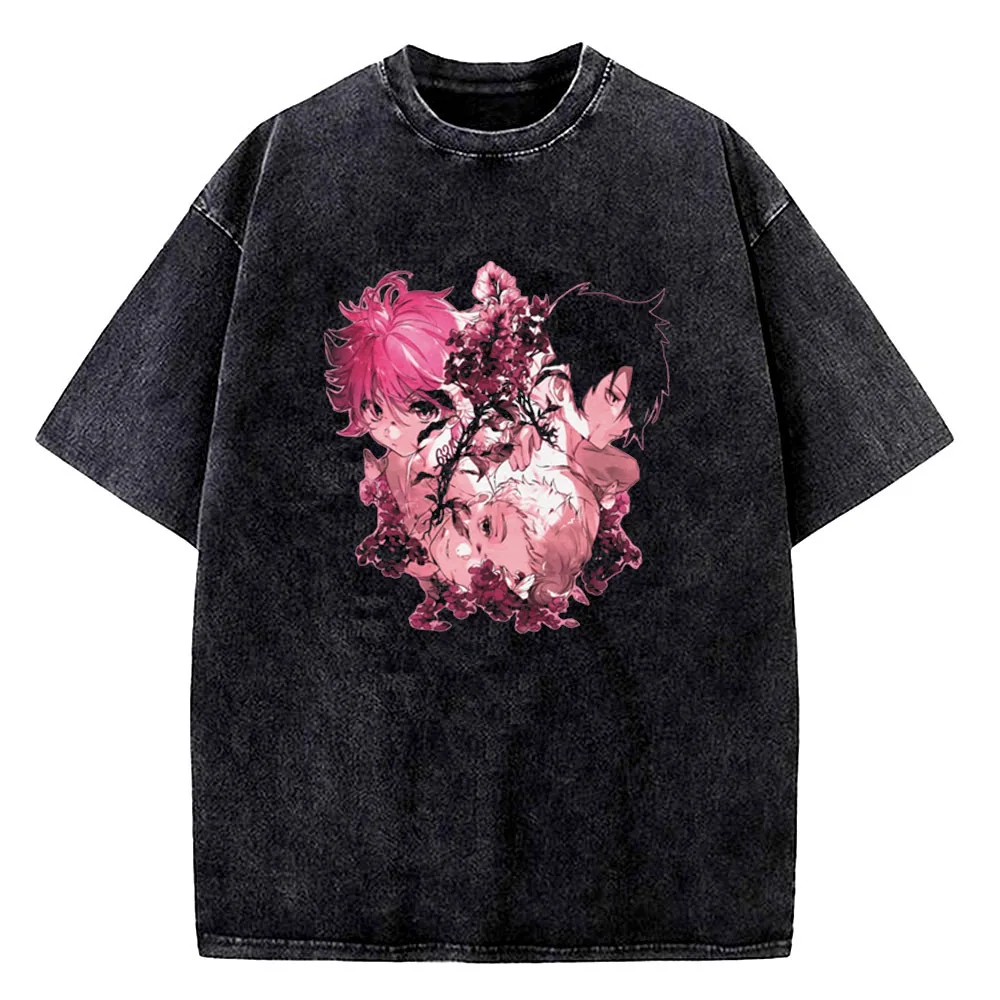 the Promise Neverland Vintage Washed cotton top tees men Y2k Grunge anime graphic Punk shirt women aesthetic Classic Psychedelic