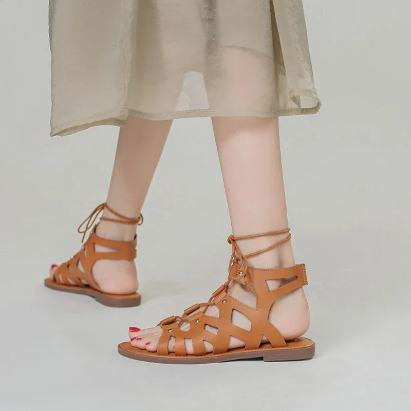 2024 New Summer Women 1cm Platform 1.5cm sandali con tacco basso Lady Concise Leisure comodo Lace Up femminile Classic Roman Flats
