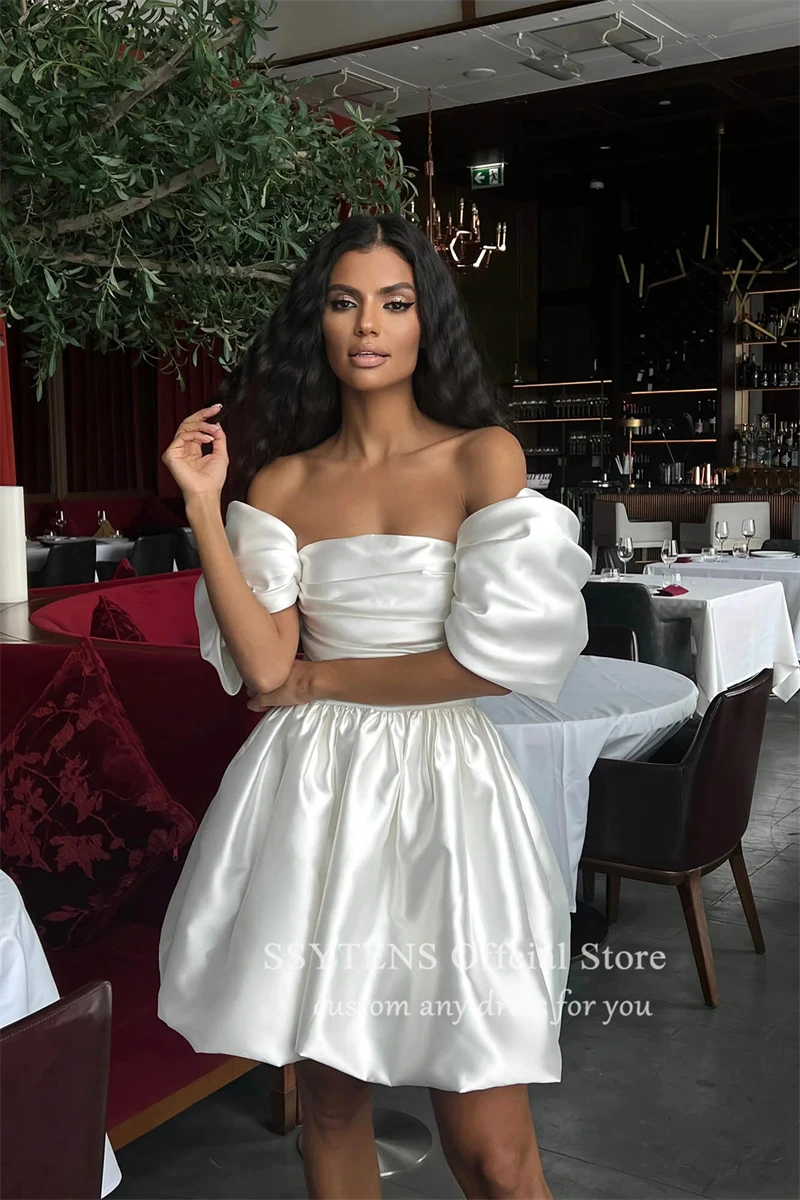 SSYTENS Simple Soft Satin Mini Bride Wedding Dresses Off The Shoulder Bride Formal Party Dress Pleats Short Sleeves Bridal Gowns