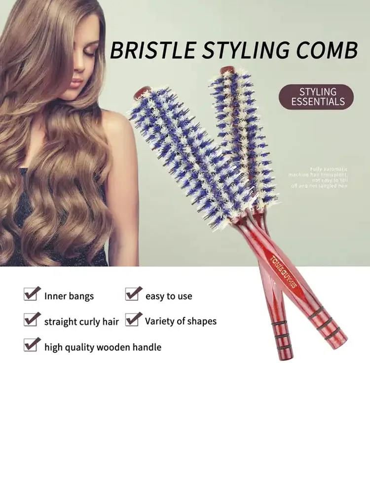 Barber Hair Straight Twill Roller Wood Handle Hairbrush Round Barrel Hair Comb for Women Blowing Curling Hair