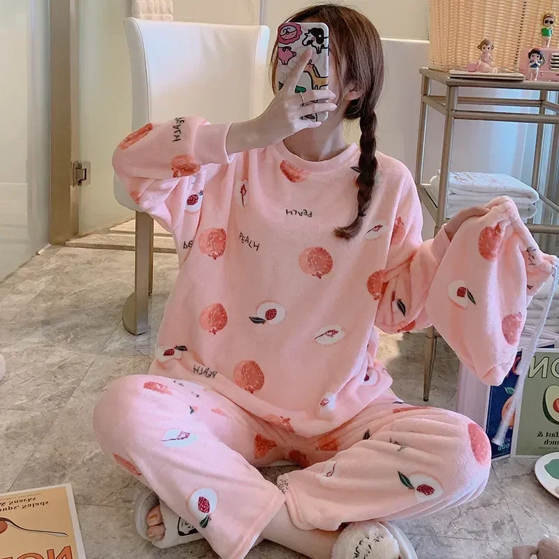 بيجامة مخططة للسيدات من Mujer ملابس منزلية للخريف أطقم مخملية مطبوعة بيجامات شتوية من الفلانيل 2 ملابس نوم Pjs