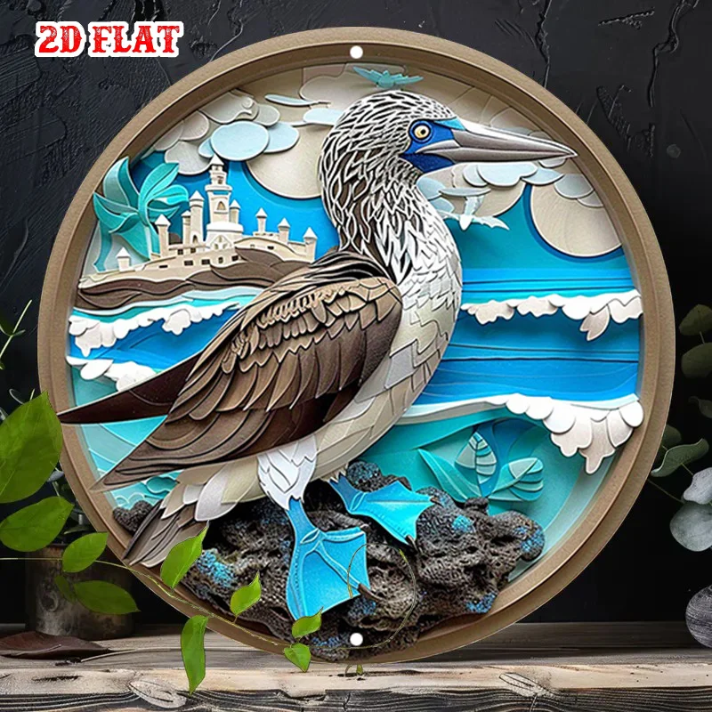 CIFBUY Coastal Blue Footed Booby Bird Castle Aluminum Wall Art Round Metal Sign Waterproof Durable for Garage Home Decor