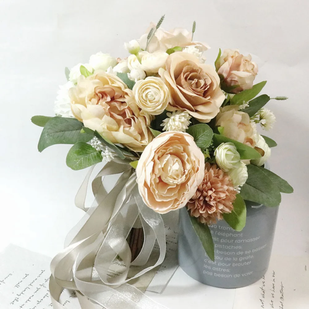 Champagne Wedding Bouquets for Guest Bridesmaid Bride Artificial Mariage Accessories Small Silk Roses Ribbon ramos de novias