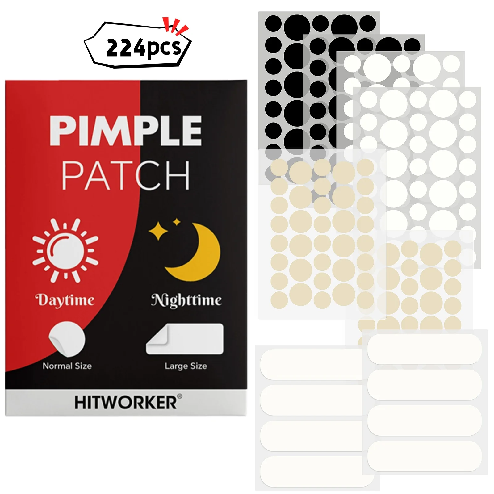 224PCS Pimple Patches for Face, Day & Night Blemish Cover Stickers, Assorted Sizes, Invisible Spot Care Patches for Daily Skinca