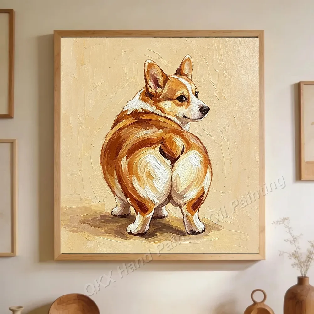 Hand-Painted Oil Painting on Canvas Wall Art Decor for Living Room, Cute Funny Corgi Pet Square Impasto Canvas Art
