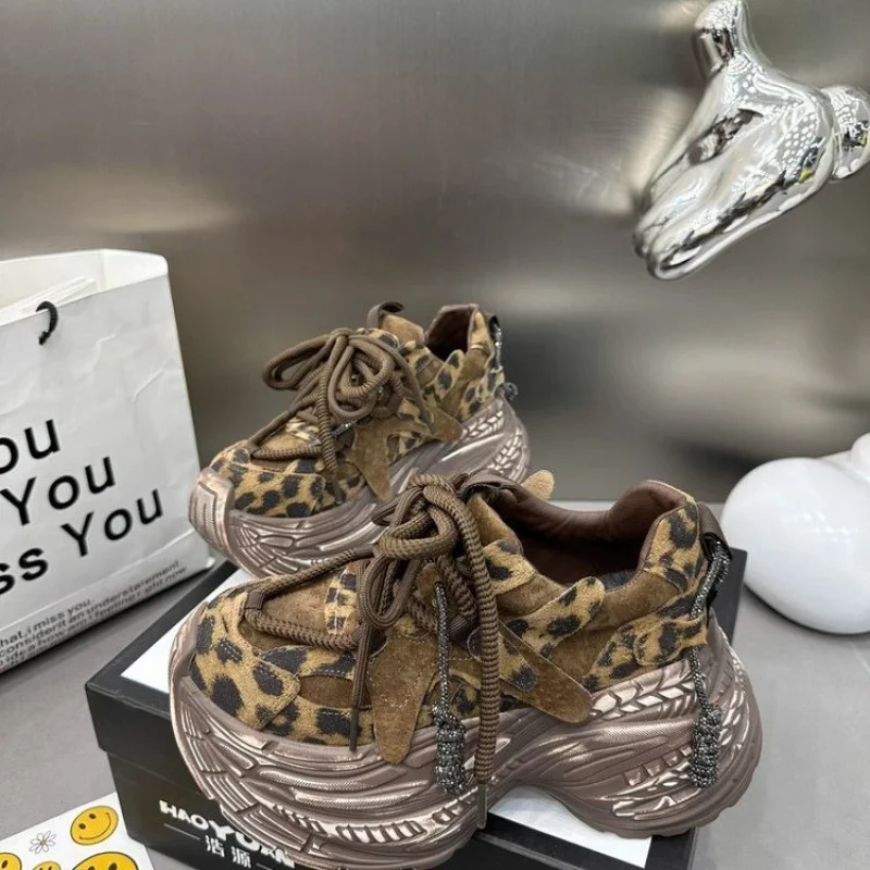 

Leopard Print Dad Sneakers for Women 2025 Autumn New Retro Suede Platform Thick-Soled Height-Increasing Casual Sneakers