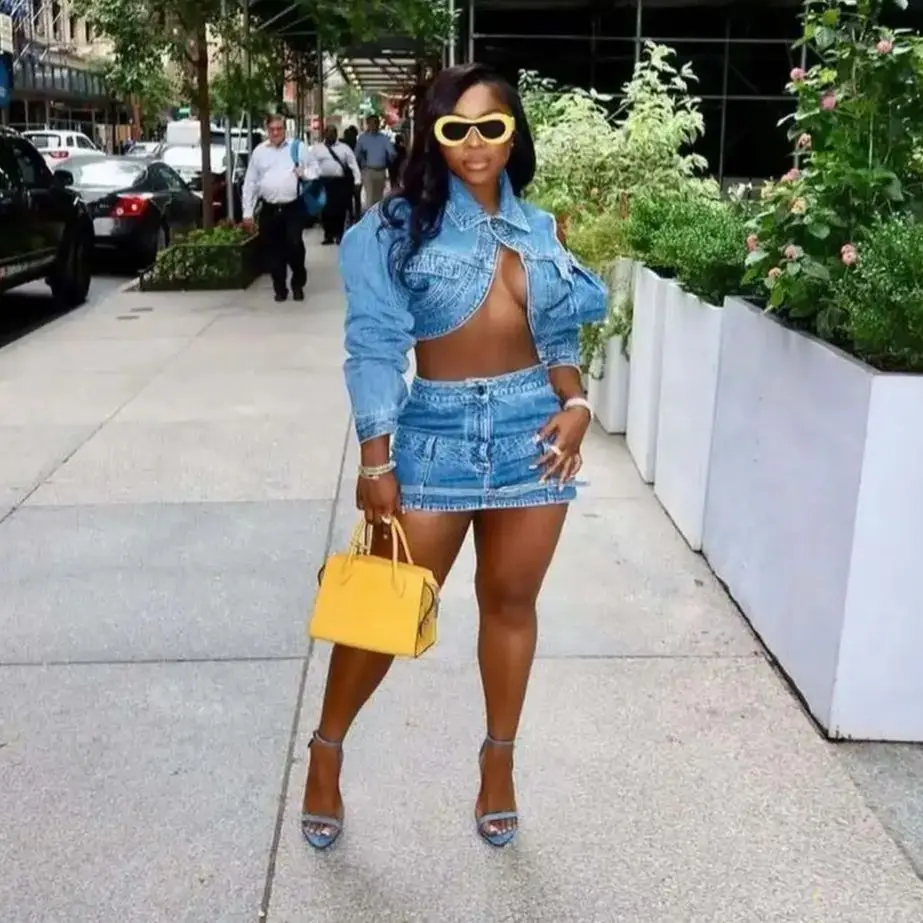

Denim Crop Jacket 2 Piece Mini Skirt Sets 2025 Fall Clothes Women Sexy Elegant Luxury Denim Jean Dress Two Piece Sets Outfits