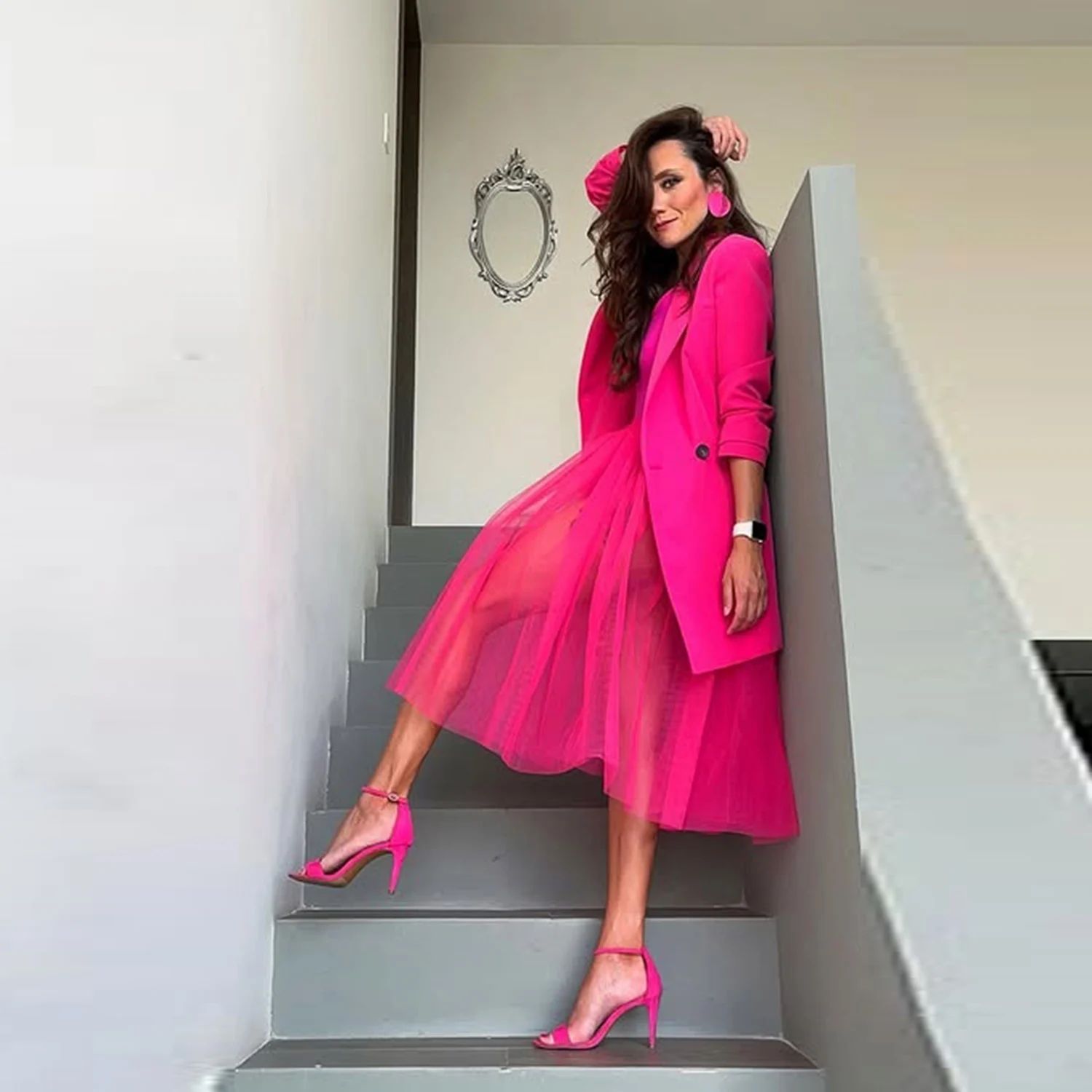 

Fuchsia See Through Tulle Skirt Elastic Waist Mid-Calf Maxi Skirt A Line Skirt To Party Custom Color Size