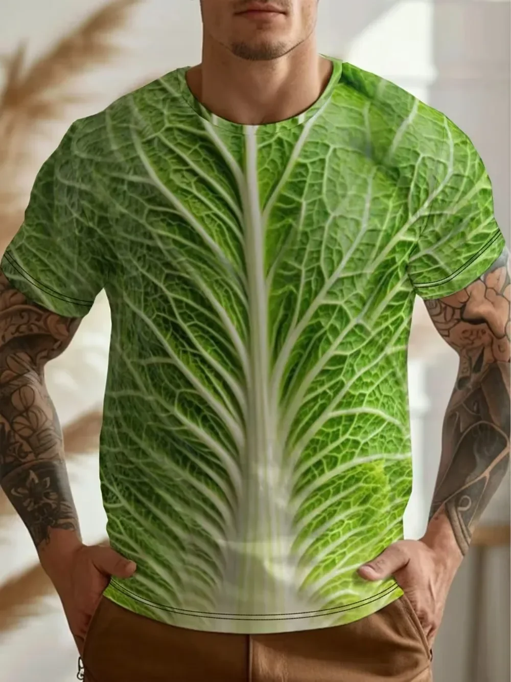 Das interessante, großformatige Herren-T-Shirt mit 3D-Druck und Gemüsemuster (Kohl und Salat) eignet sich für den täglichen Gebrauch