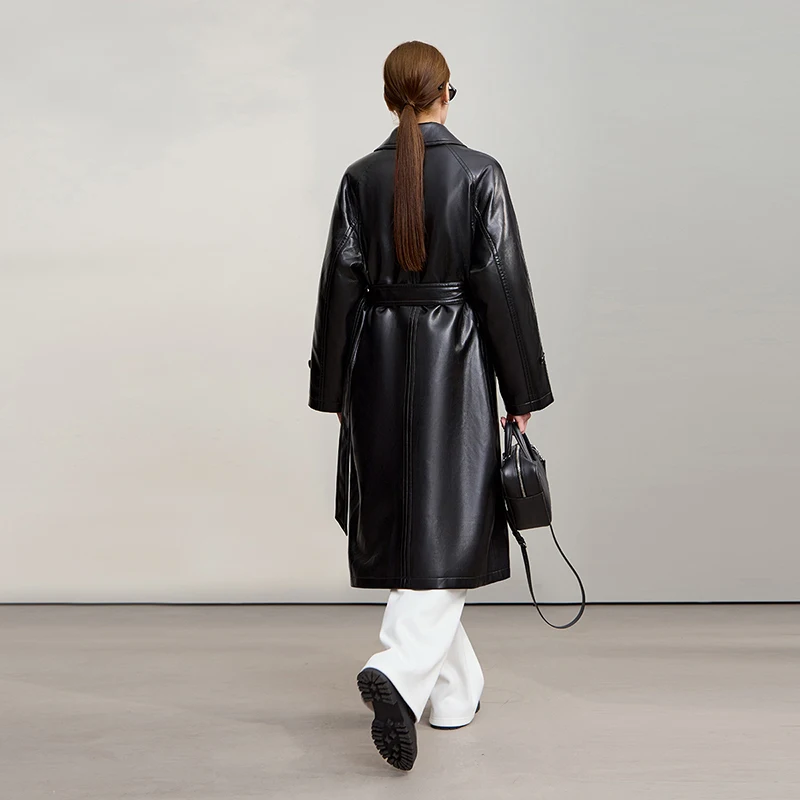 AMII 다운 코트 2025 겨울 신상 벨트 포함 PU 가죽 솔리드 롱 다운 재킷 여성용 따뜻한 싱글 브레스티드 스트레이트 탑 12554039