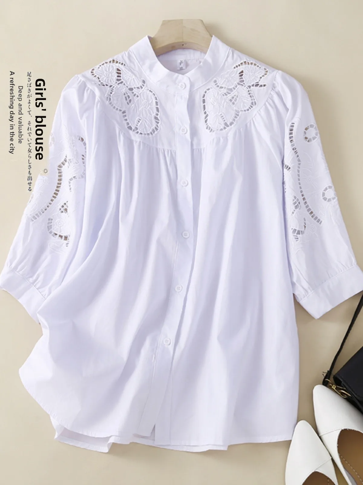 レトロ芸術的な中空刺繍カジュアルシャツルーズフィットレディースファッションスタンドカラー七分袖カジュアルトップ夏