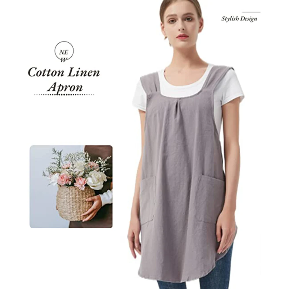 Women Apron Cotton Linen Solid Color Simple Japanese Korean Style Slip Off Cross-shoulder Straps Spacious 2 Pockets Antifouling