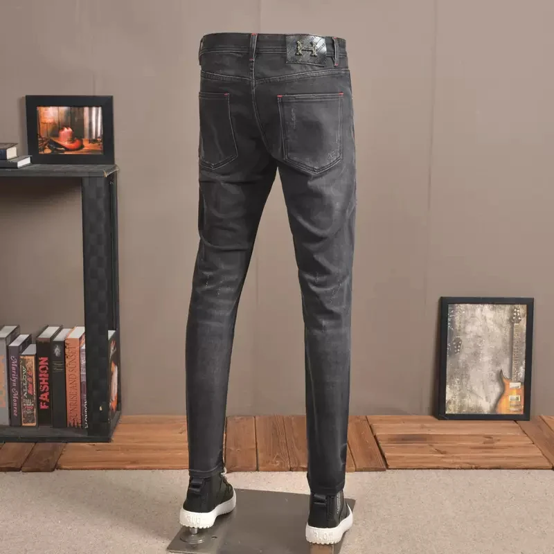 Street Fashion Men Jeans Black Stretch Skinny Fit Vintage Ripped Jeans Men Patched Designer Hip Hop Denim Pencil Pants Hombre
