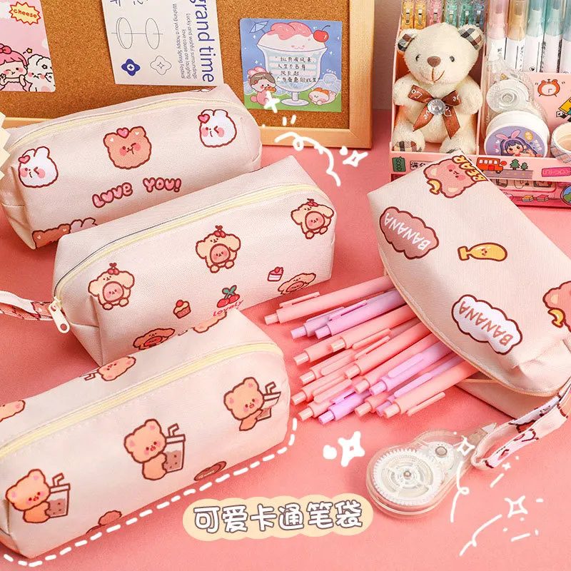 Cartoon Little Bear Canvas Pencil Case Large Capacity Pencil Case Desktop Stationery Organizing Storage Bag