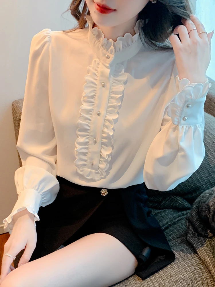 Chic Ruffles Collar Long Sleeve White Shirts Women Puff Sleeve Loose Casual Tops Office Ladies Blouse Spring Autumn Tops Shirts