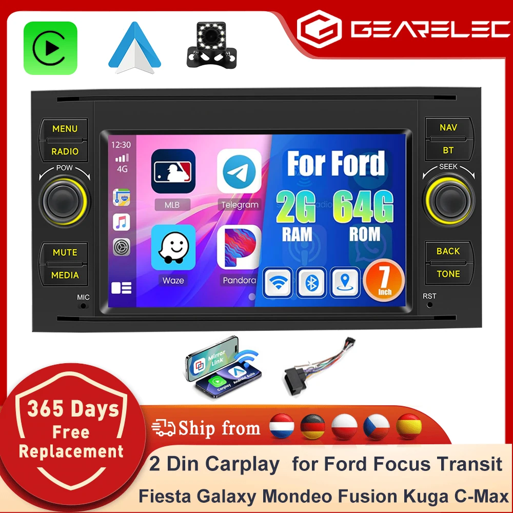 GEARELEC Android14 autoradio Carplay pour Ford Focus Transit Fiesta Galaxy Mondeo Fusion Kuga c-max Carplay sans fil Android Auto 7 pouces 2 Din Radio avec GPS Bluetooth WiFi RDS FM MIC caméra de