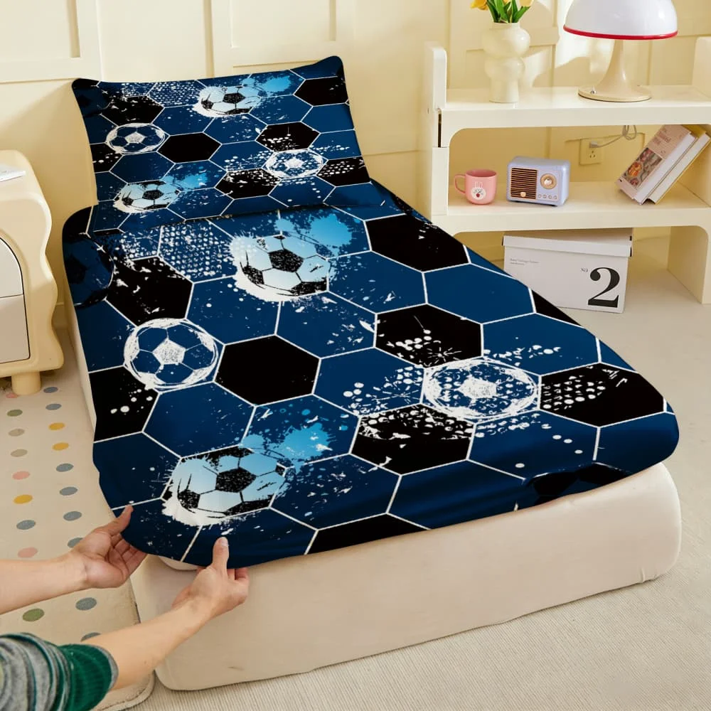 1pc Blue Black Hexagon Soccer Print Fitted Sheet Deep Pocket Elastic Mattress Cover Single Double Queen King Bedroom Decor