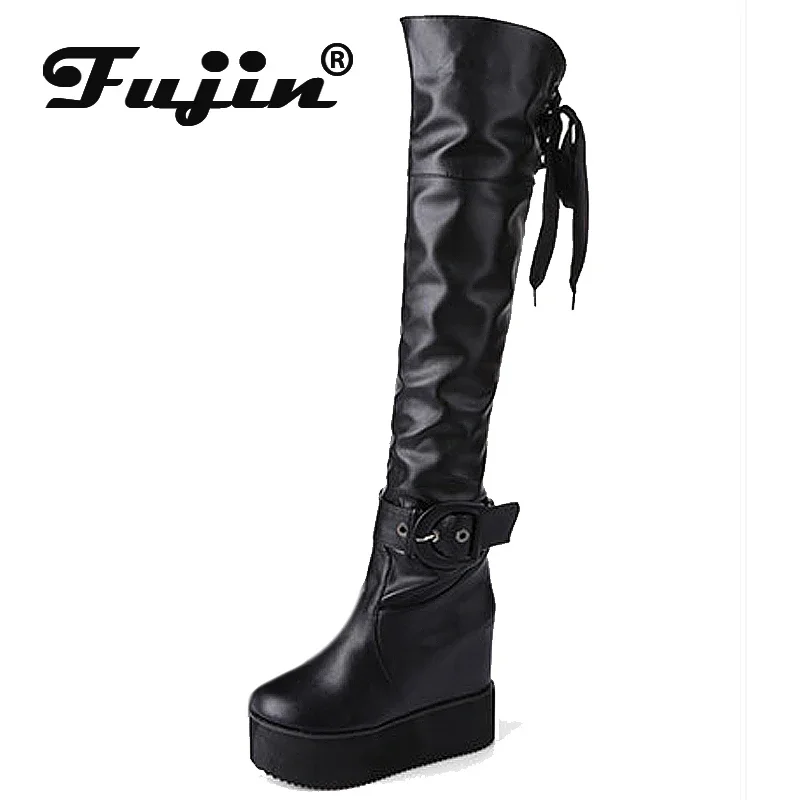 Fujin 10.8cm Microfiber Leather Platform Wedges Knee High Boot Woman Plush Modern Hidden Heel Winter Autumn Shoes Fashion Spring