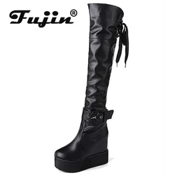 Fujin 10.8cm skóra z mikrofibry buty na koturnie wysokie do kolan buty kobieta pluszowa nowoczesna ukryta pięta zimowe jesienne buty moda wiosna