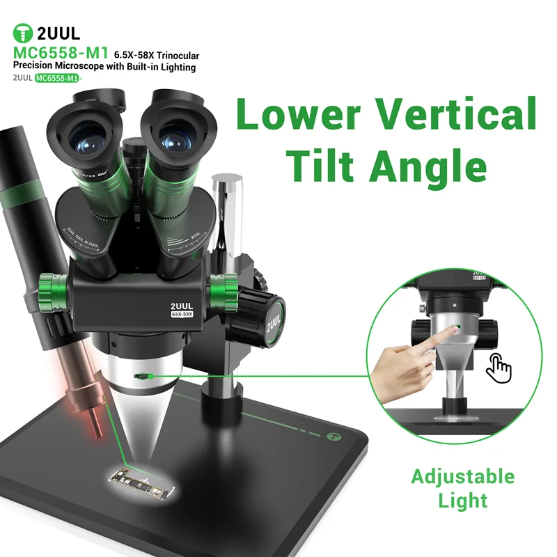 2UUL MC6558‑M1 Trinocular Stereo Microscope 6.5‑58X Zoom Adjustable LED Light Source for Mobile Phone Soldering Repair Tool