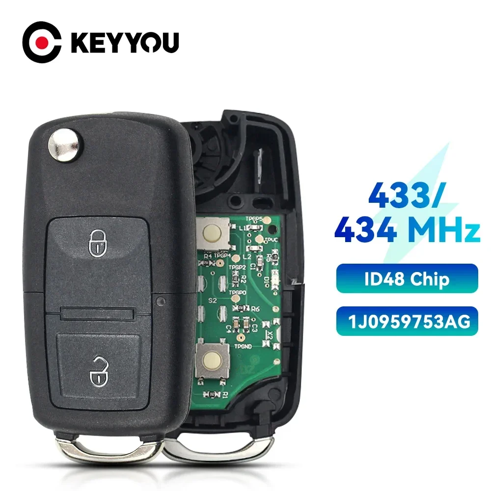 

KEYYOU 2PCS 2BTN 1J0959753AG 1M0959753E 434MHz ID48 Chip Flip Remote Key Fob For VW Beetle Bora Golf Passat Polo Transporter T5