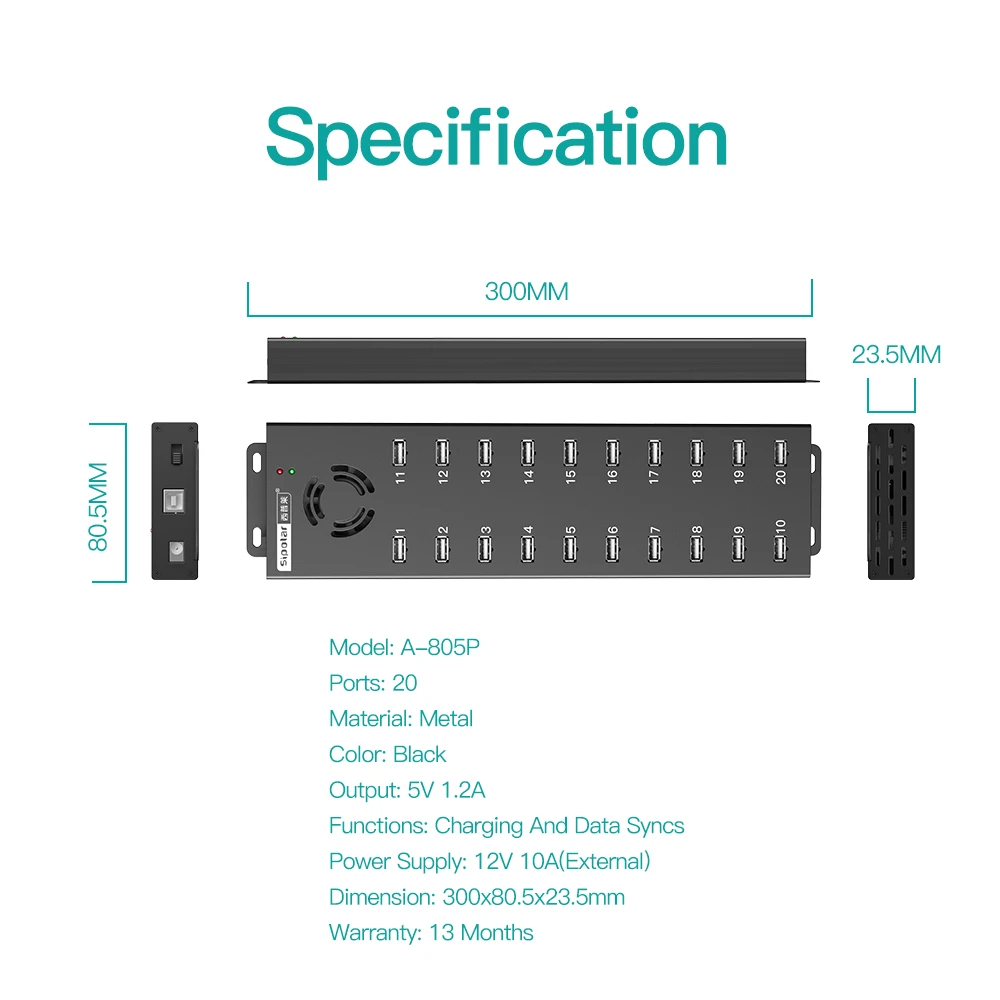 A-805P Sipolar 20 Port Usb Hub Fan Hub Splitter  for Phone Accessories  Fast Charging Usb Hub