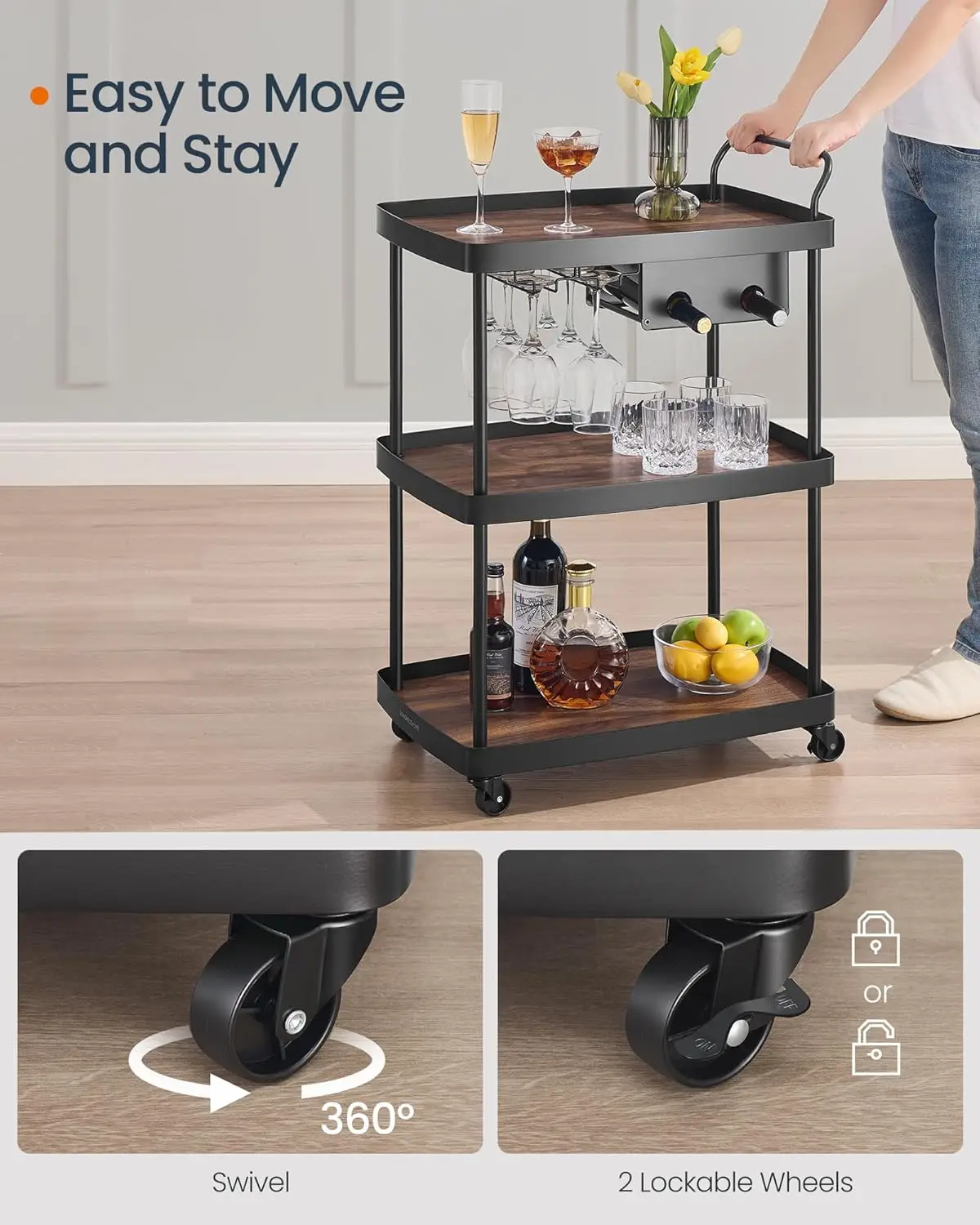 

Bar Cart,Home Bar Serving Cart with 3-Tier Shelf, Flexible Wine Bottle Rack and Glass Holder,Drink Beverage Cart, Microwave Cart
