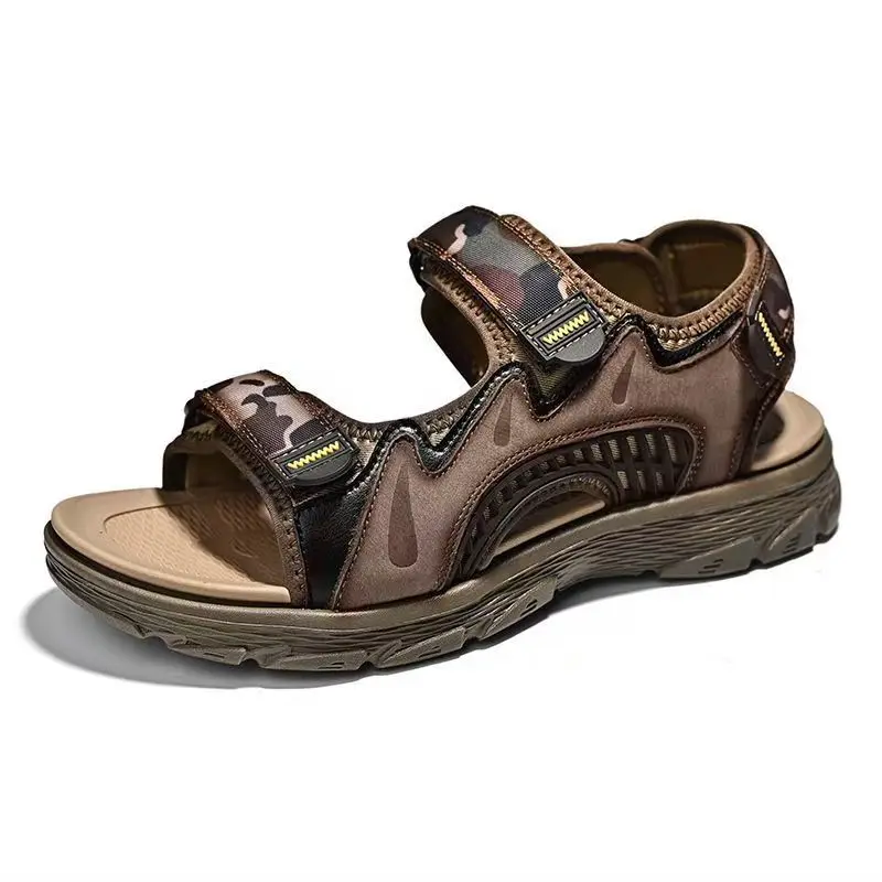 

Мужские летние кожаные повседневные спортивные сандалии большого размера, уличные пляжные сандалии на толстой подошве с открытым носком, камуфляжным цветным липучком