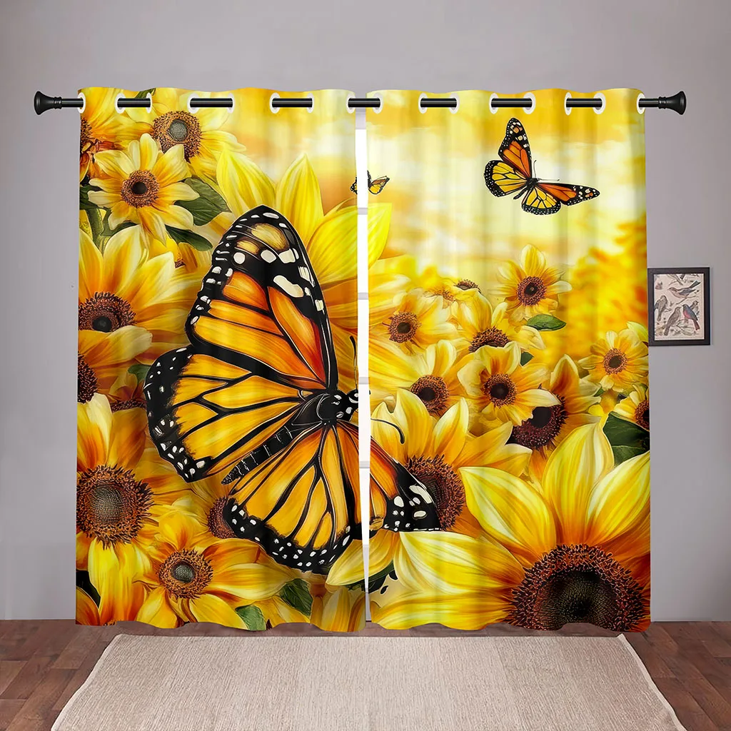 

2 Piece Sunflower Butterfly Curtain Gold Yellow Floral Pattern Living Room Bedroom Kitchen Balcony Window Decor Nature Theme