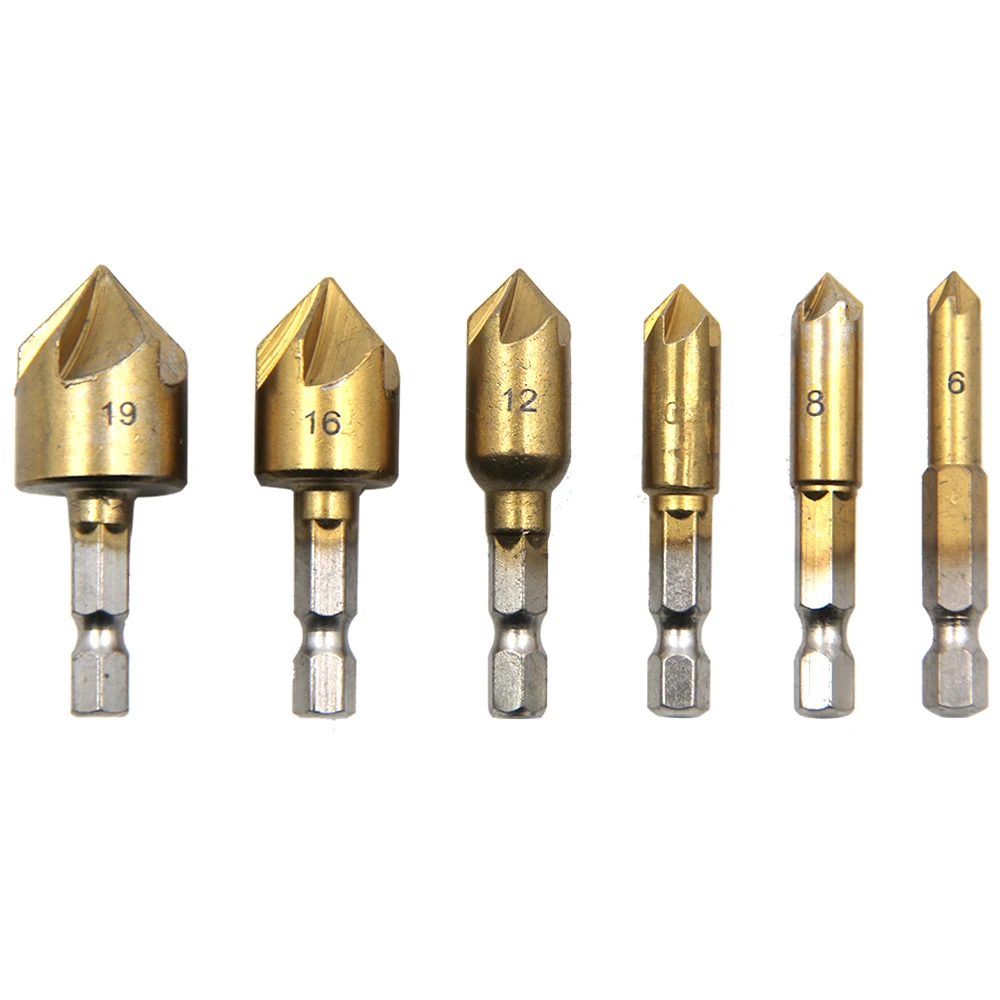 1/4 "Hex 6 Buah 12Mm 16Mm 19Mm Manik Bor Countersink Pendeburan Chamfering 5 Flute 82 Derajat Set untuk Bit Countersink Perubahan Cepat Kayu