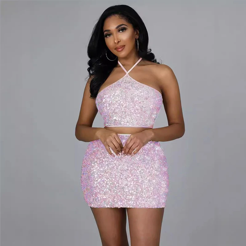 

Fashion Sequin Neck Hanging Suspender Chest Wrapped Vest Top+Tight Hip Wrapped Skirt Two-piece set Women's Beach Party Outfit