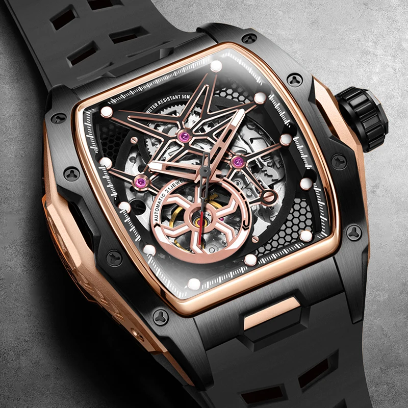 Gorman Watches For Man Miyota Automatic Watch Skeleton Barrel Case Waterproof 50M Silicone Strap Mechanical Sports Watch