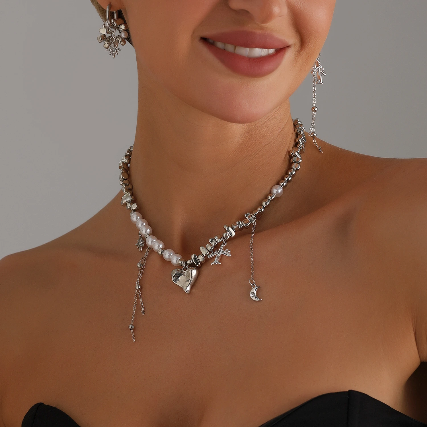 

WAKA Women's Y2K Trendy Jewelry Set - Pearl & Heart Charm Choker Necklace with Star Airplane Drop Earrings for Party Daily Style