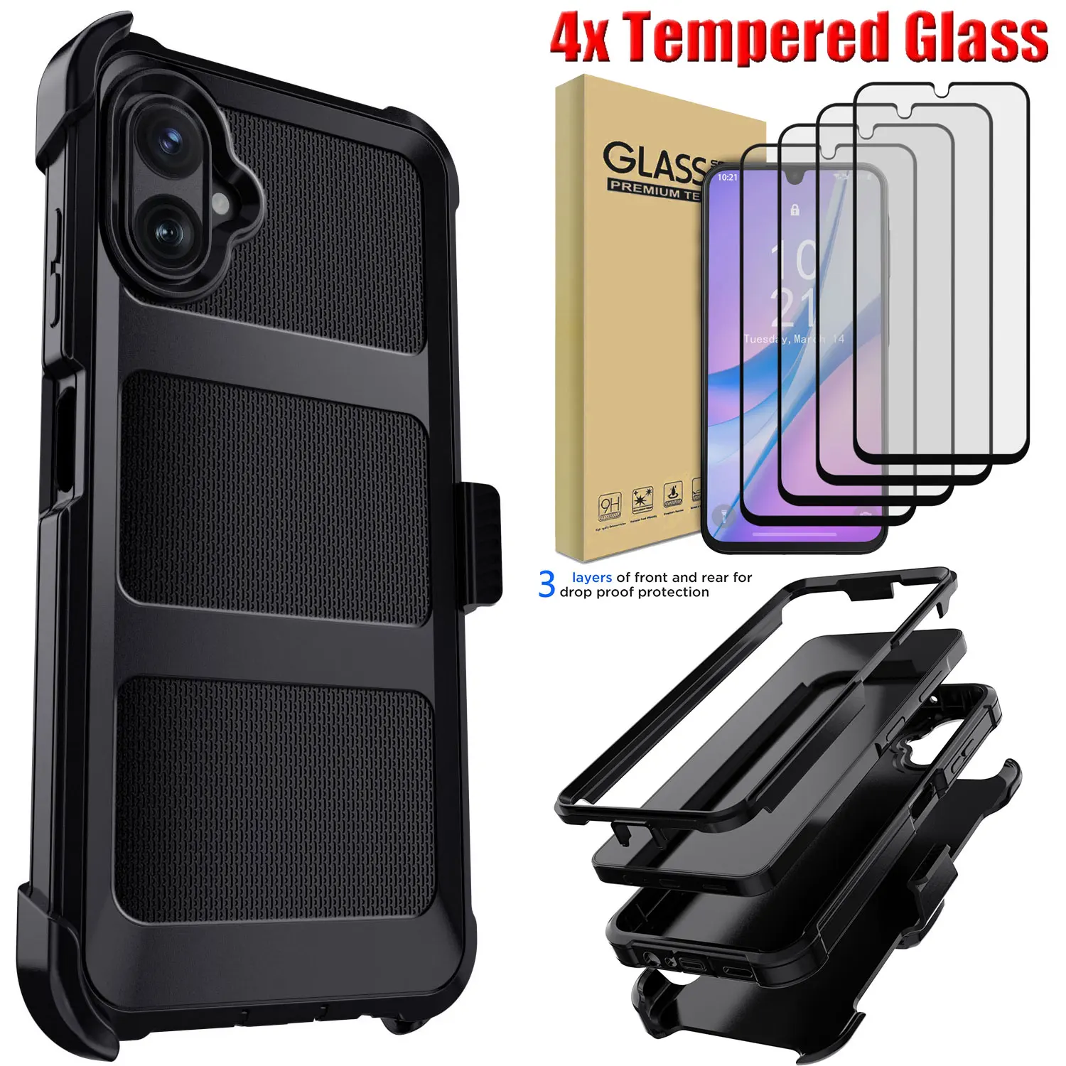For Samsung For Galaxy A07 Rugged Bumper Case Shockproof Heavy Duty With Belt Clip +4PCS Clear Tempered Glass Screen Protector
