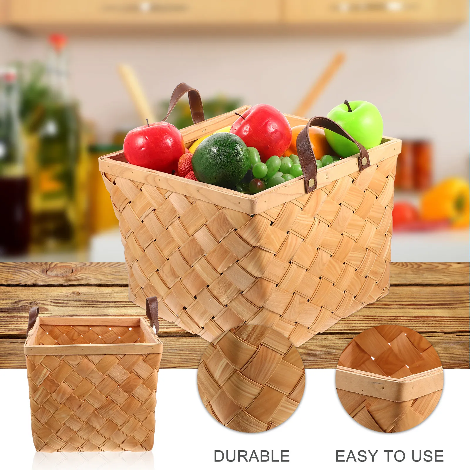

Hand Woven Wooden Basket Natural Fruit Storage Basket with Portable Handle for Shopping Market Use Multi-Function Household
