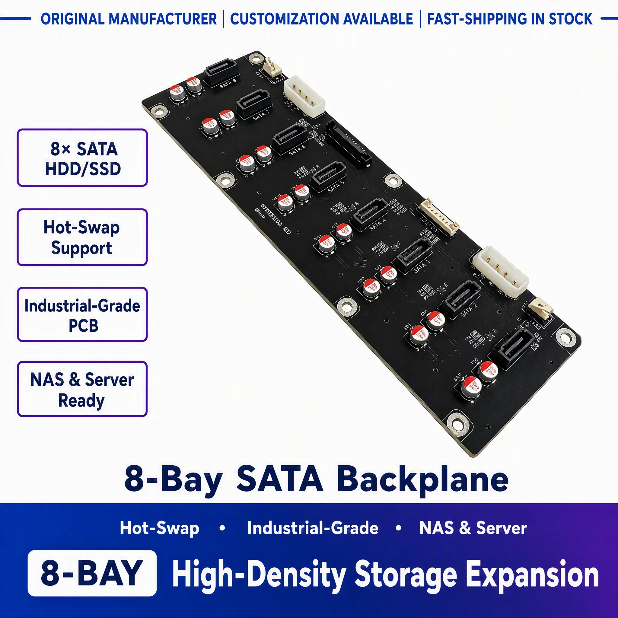 8 Port SATA Hard Drive Backplane – High-Speed 6Gbps HDD/SSD Expansion Board with Power Interface for DIY NAS & Mining Rig