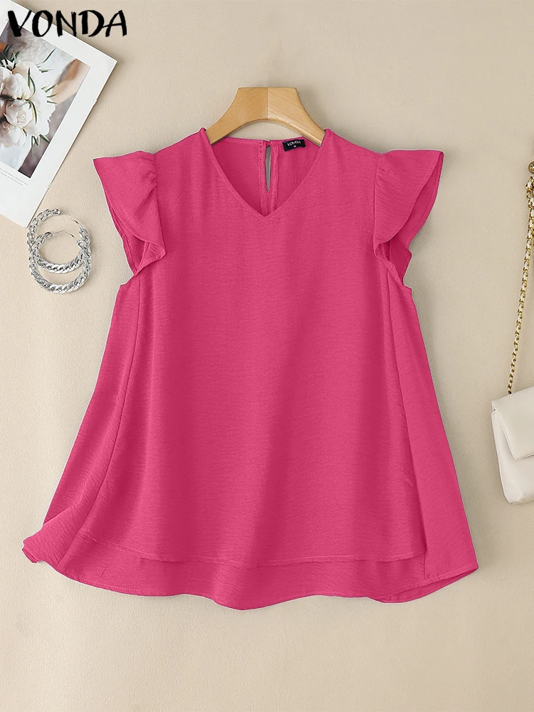 

VONDA Women Blouse 2025 Summer Short Sleeve Blusas Elegant -Neck Tops Casual Shirts Loose Ruffled Solid Color Tunic Oversized