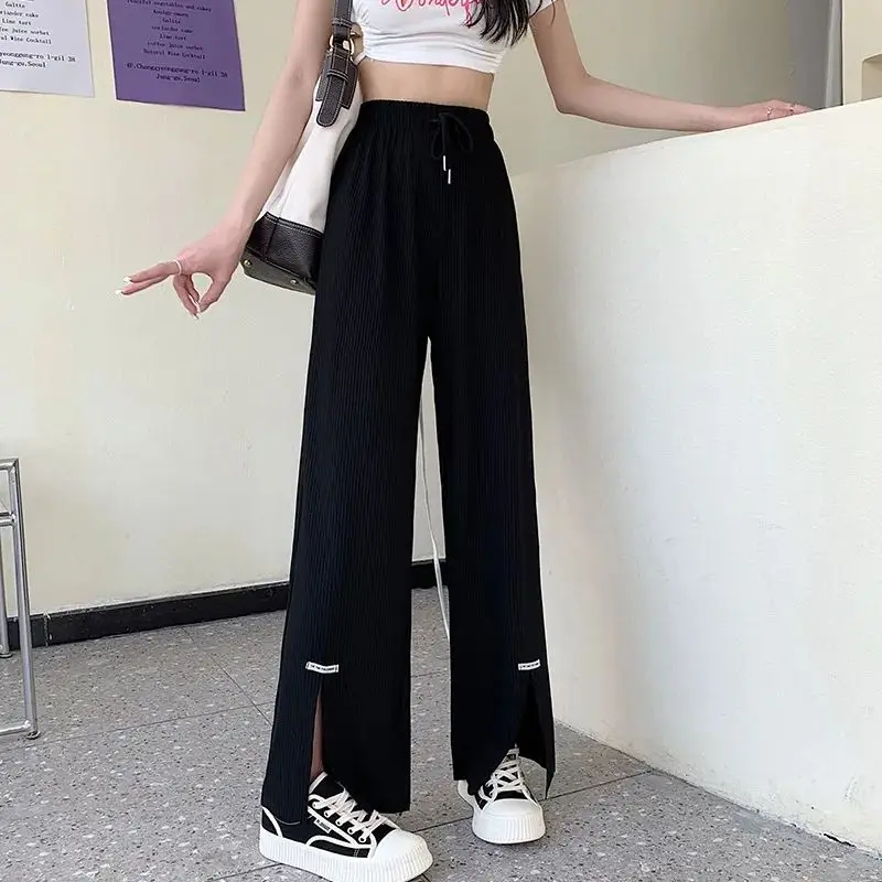 Wide Leg Pants Women Slit Loose Solid Drawstring Fashion Summer Ladies Clothing All-match Soft Simple High Waist Casual Chic