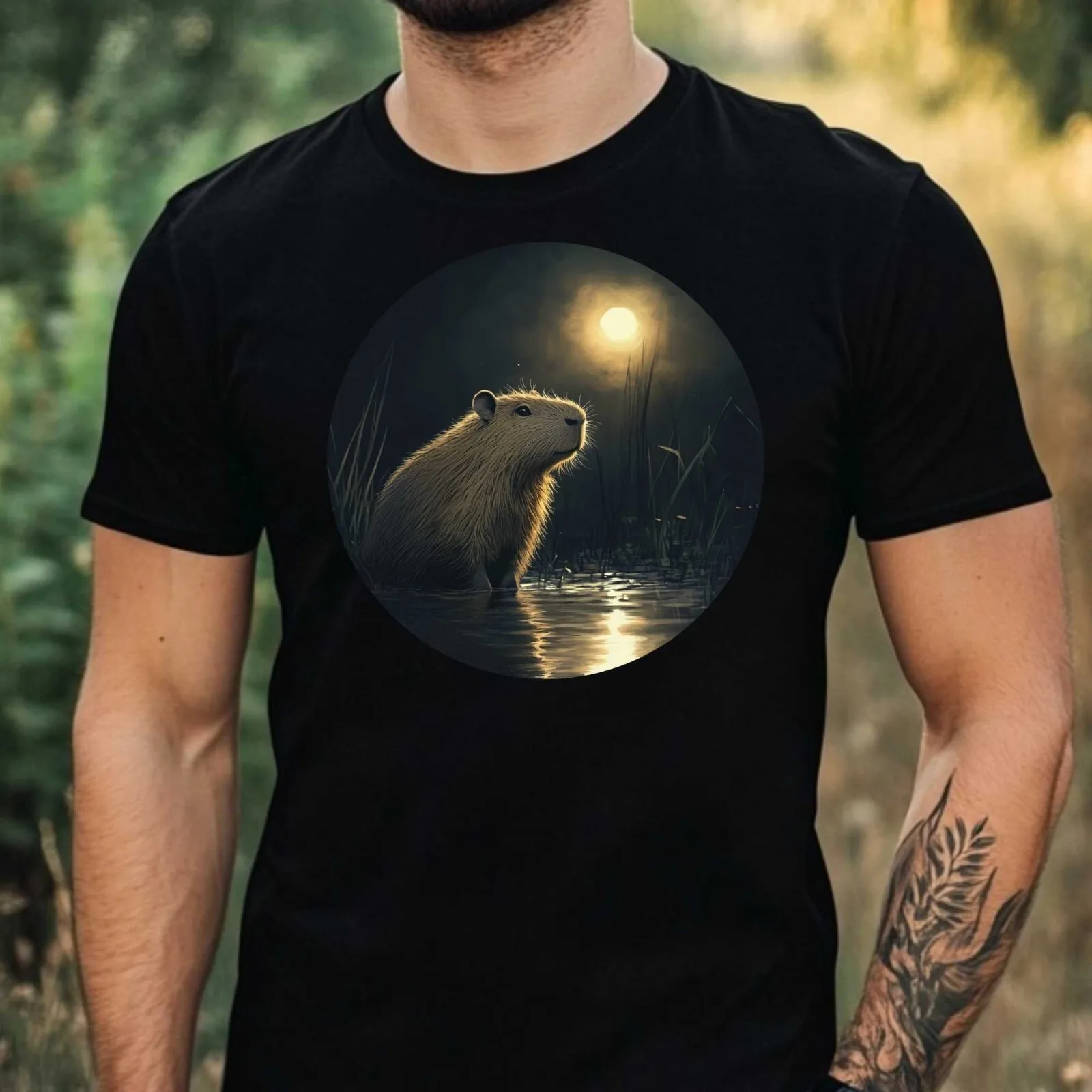 Mens Capybara Moonlight Motif Cotton T-Shirt Size XS to 5XL