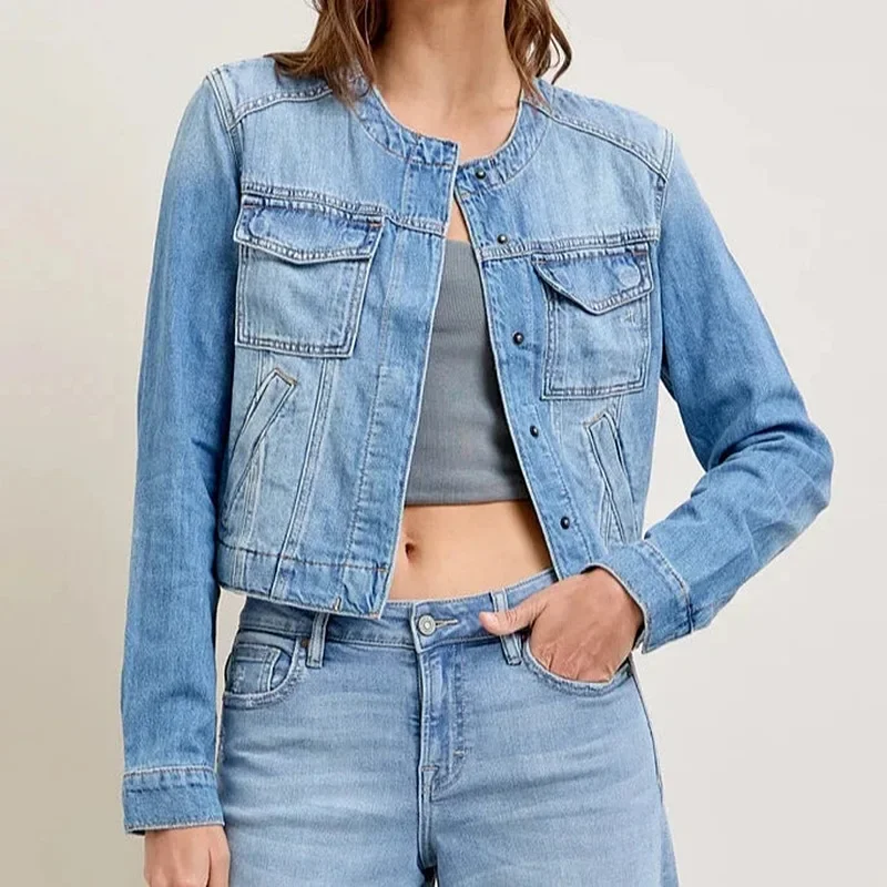 2025 Autumn New Women's Slim Fit Short Style Collarless Long Sleeved Denim Jacket with Multiple Pockets Workwear Jacket