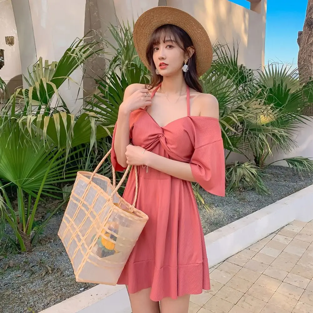 

Sweet Safety Pants Halter Skirt Swimsuit Pleated Short Sleeve Hot Spring Swimwear Beachwear Bathing Swimwear Suit Beach