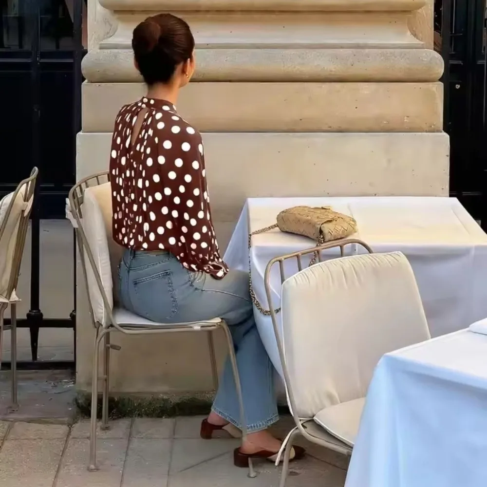 

Simple Lantern Sleeve Polka Dot Shirt Pleated Long Sleeve Lace Up Blouse Comfortable Breathable Chiffon Blouses Office Lady