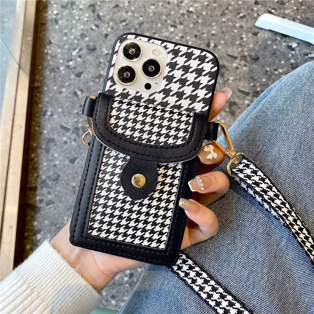 Luxury Korean Houndstooth crossbody strap lanyard Phone Case For iPhone 11 12 13 Pro Max XR XS 7 8 Plus card holder wallet Cover