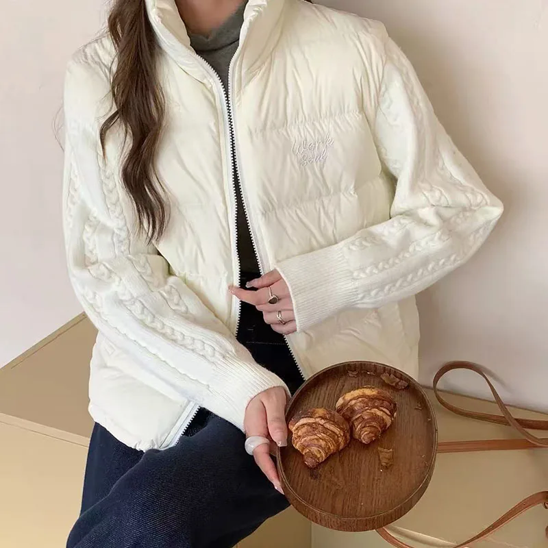 Winter Patchwork Parkas for Women Thick Warm Knitted Sleeve Splicing Puffy Coats Korean Loose Preppy Zipper Down Outwear New