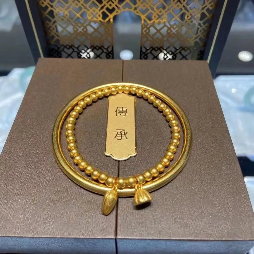 

Non-Fading Ancient Style Vietnam Placer Gold Heritage Bracelet Frosted and Matte Women's Yellow Gold Closed-Mouth Bracelet